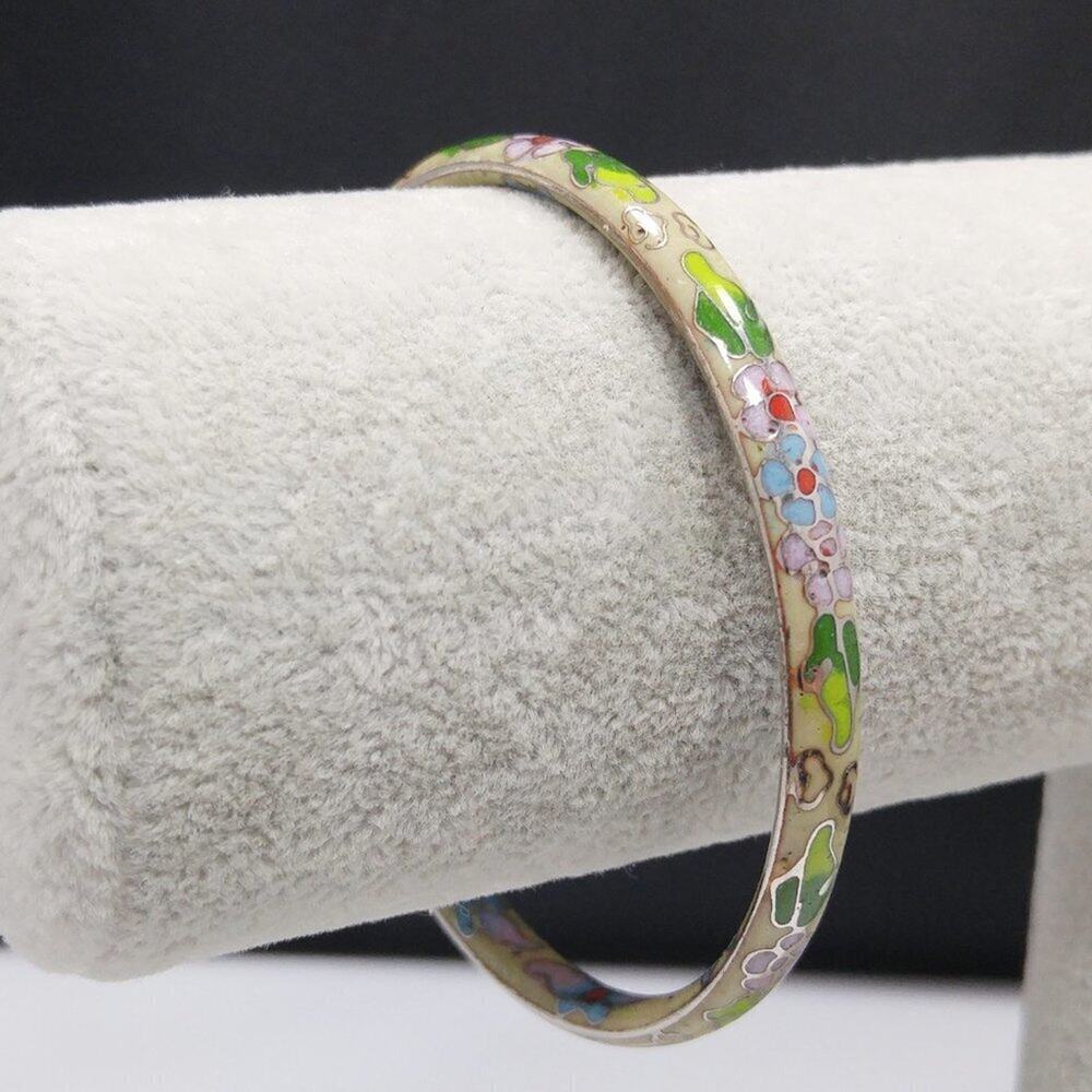 Vintage Cloisonné Enamel Floral Bangle Bracelet Yellow with Multicolor Flowers"